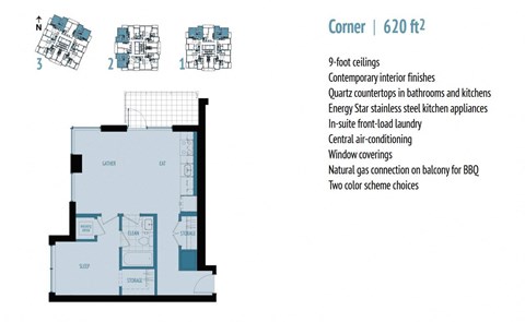 A floor plan for a 620 square foot corner apartment with a list of features.